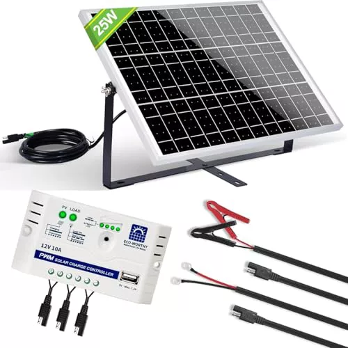 ECO-WORTHY Placa Solar 12V 25W Kit Solar Monocristalino: Panel Solar para Jardín, Gallinero, Bomba, Luz, IP65, a Prueba de Agua con Soporte, Cable de Conexión SAE, Controlador USB