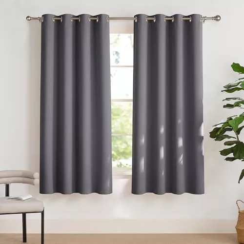 PONY DANCE Cortinas Cortas Opacas 2 Piezas Termicas Aislantes Frio y Calor Cortinas Grises con Ojales para Ventanas Dormitorio Blackout Curains, 140x175 CM, Gris