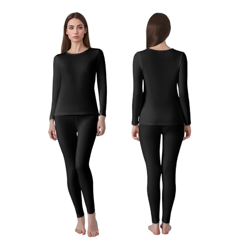 Channo Conjunto Interior Térmico para Mujer: Camiseta de Manga Larga y Pantalón Cómodos Ligeros Transpirables con Forro Polar Ideal para Invierno (Negro L)