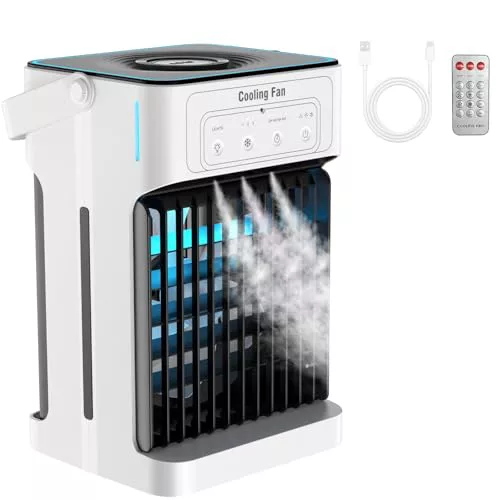 Mini Aire Acondicionado Portatil, Enfriador de Aire de 1100 ml, 3 Velocidades,3 Nebulización, 2-8H Cronometrado,7 LED Climatizador Portatil para Dormitorios,Oficinas(10W)