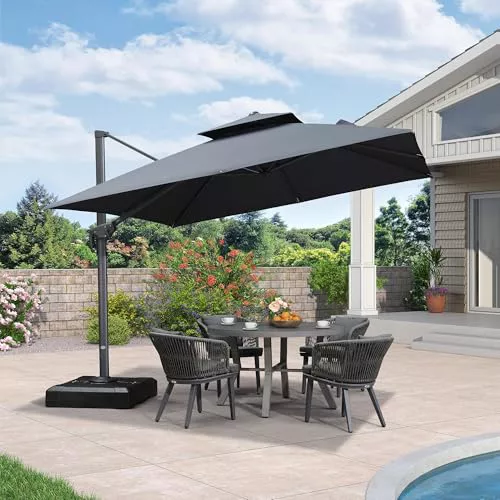 PURPLE LEAF Sombrilla Terraza Exterior de Aluminio 3 x 3 m, Gran Sombrilla de Jardín, Techo Doble y Protección UV 50+, Rotación 360° y 6 Ajustes de Inclinación, Poste Ancho y Reforzado, Gris