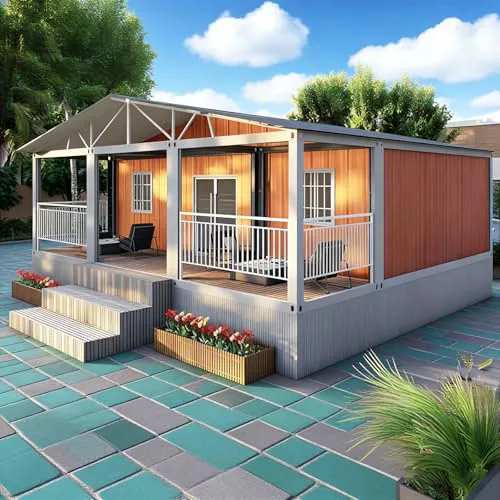 Pequeñas casas para vivir para adultos – Casa pequeña prefabricada plegable de lujo con porche, puertas correderas de cristal e interior espacioso para vacaciones, casa de huéspedes, cabina fuera de