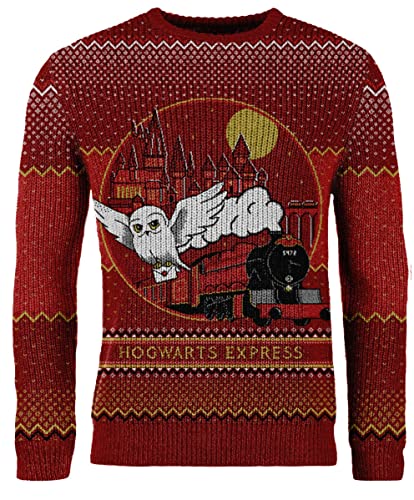 Harry Potter Hogwarts Express - Jersey navideño de punto rojo, Red, L