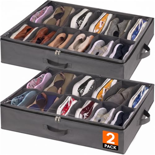 Lifewit Bolsas de Almacenamiento para Zapatos con Ventana Transparente, Cajas Almacenaje Zapatos Plegables Debajo de la Cama con Asas, Organizador Zapatos, Gris, 2 x 12 Pares