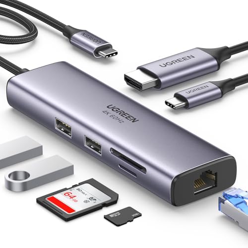 UGREEN Hub USB C, 7 en 1 Adaptador Tipo C a HDMI 4K 60Hz, Gigabit Ethernet, Carga 100W, Lector de Tarjetas SD TF, 2 USB 3.0