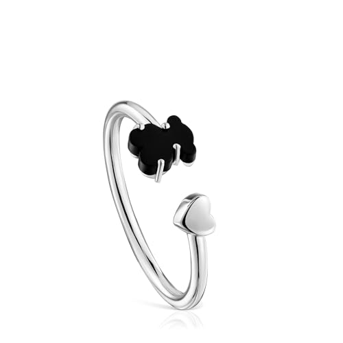 TOUS Anillo de Plata de Primera Ley con Motivo Corazón y Oso en Ónix 