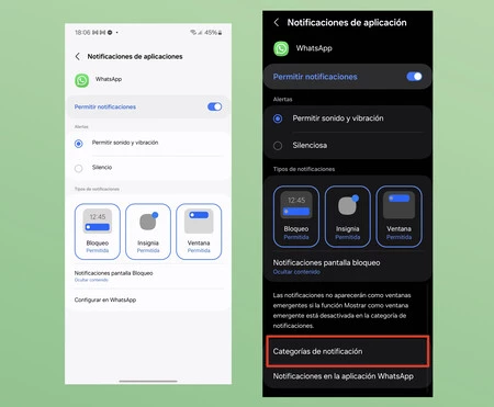 左: 通知カテゴリのない 1 つの UI 6.1。右: 通知カテゴリがデフォルトで有効になっている 1 つの UI 6.0。