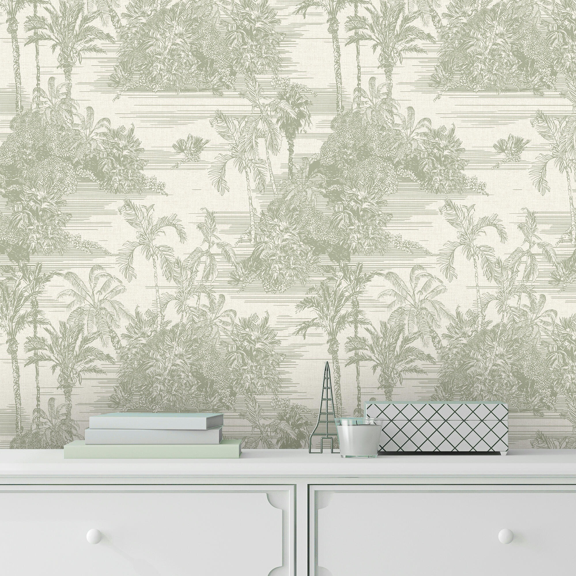 Papel pintado vinilo aplicación cola en pared Naturaleza Toile jouy verde UGEPA 53cmx10.05m superlavable
