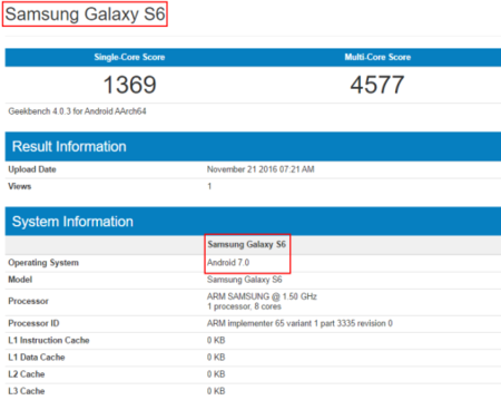 Samsung Galaxy S6 con Nougat GFXBench