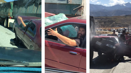 ¡De locos! Atrapa un coche con el tráiler y lo arrastra durante kilómetros sin darse cuenta