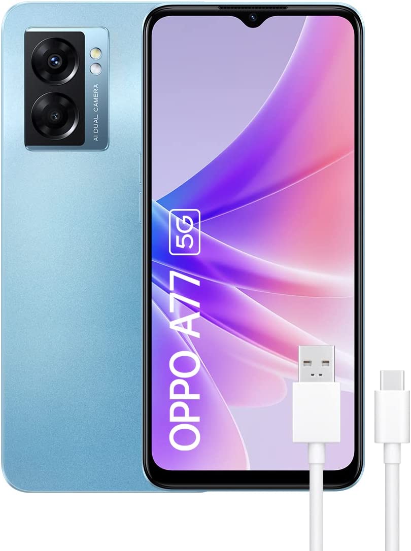 OPPO A77 5G - Teléfono Móvil Libre, 4GB+64GB, Cámara 48+2MP, Smartphone Android, Batería 5000mAh, Batería 5000mAh, Carga Rápida 33W, Dual SIM - Azul