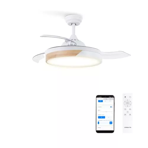 CREATE / WIND CLEAR M/Ventilador de techo con luz blanco madera clara con mando y Wifi / 40W, Ø108 cm, temporizador, 6 velocidades, aspas retráctiles, 3 temperaturas de luz, función verano-invierno
