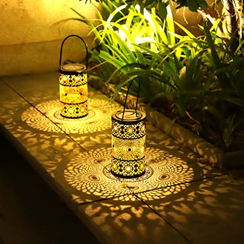 2 Piezas Farolillos Solares Exterior, Freekite Linternas Solares de Metal para Jardin, Faroles Solar con Soporte Extraíble, Lampara Solar para Jardín, Exterior, Césped, Navidad, Camping
