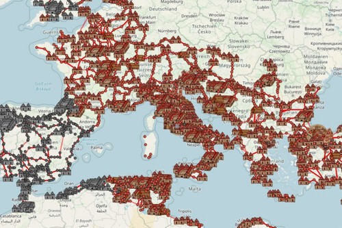 A rede rodoviária do Império Romano abrangia entre 80.000 e 100.000 quilômetros. Para efeito de comparação, a rede rodoviária alemã tem aproximadamente 830.000 quilômetros de extensão. (Fonte da imagem: OmnesViae)