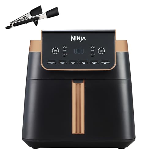 Ninja MAX PRO Freidora de aire, 6,2L, sin aceite, cajón individual, tamaño familiar, Asar, Hornear, Freír con aire, cajón antihaderente apto lavavajilllas, pinzas de silicona, negro/cobre, AF180EUCP