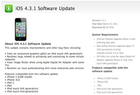 iOS 4.3.1 Actualización de software ya disponible