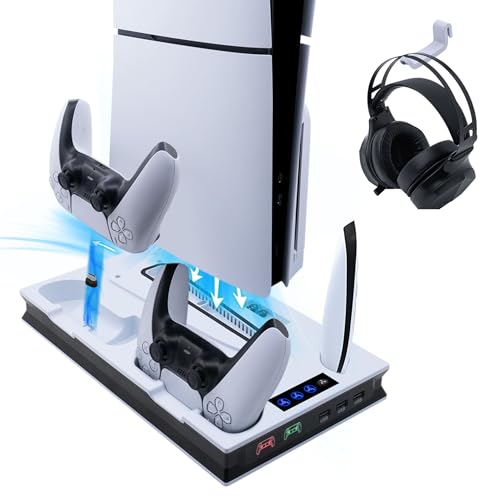 Wigearss PS5/PS5 Slim/PS5 Pro Soporte Vertical Ventiladores de Refrigeración y Estación de Carga 