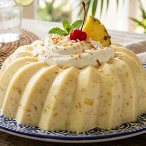 Cómo hacer una gelatina de piña colada con un toque de ron: necesitas 1 lata de piña en almíbar, queda cremosita y en pocos minutos