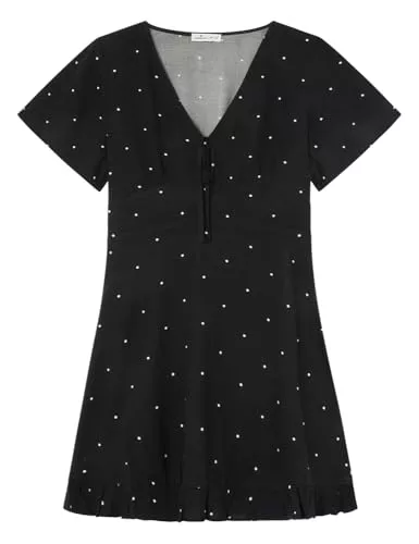 Springfield Minivestido con Mangas Tipo Capa, Cremallera Invisible y cordón Fino en el Pecho Vestido Corto Topos, Negro Estandar, 34 para Mujer