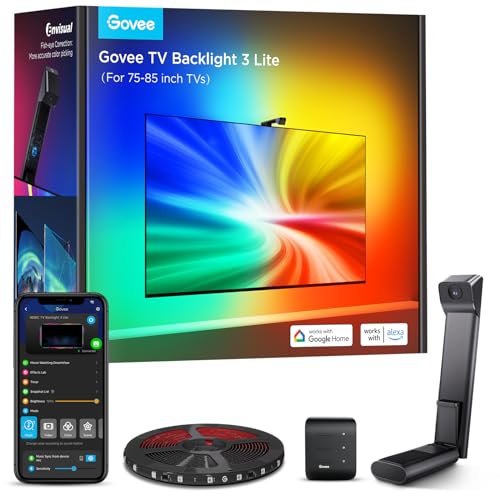 Govee TV Backlight 3 Lite con corrección de ojo de pez de cámara, 5m para TVs 75-85 pulgadas, retroiluminación LED RGBICW 4en1, WiFi, compatible con Alexa y control por app