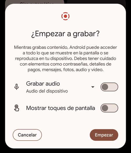 Captura de pantalla aviso grabación Android