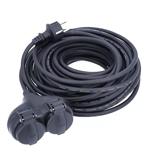  Schwabe Cable alargador de Goma, 10 m H05RR-F 3G1,5 Cable con protección de Contacto y 2 enchufes con protección de Contacto y Tapa Protectora, Cable de extensión de 230 V, 16 A, IP44, Negro,