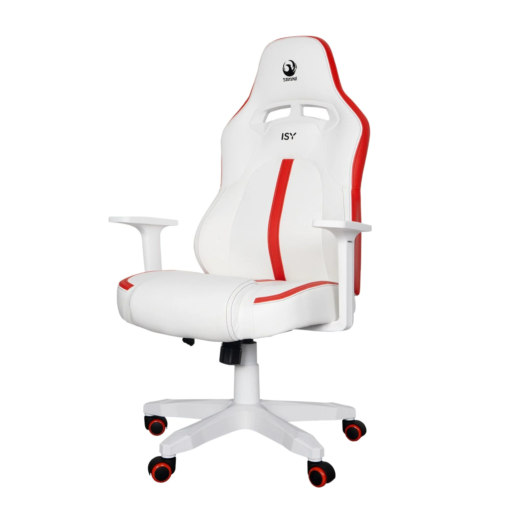 Silla gaming - Isy IGC 1003, Inclinable 35º, Hasta 150 kg, Reposabrazos, Diseño ergonómico, Blanco/Rojo