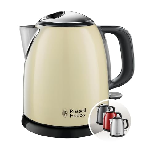 Russell Hobbs Hervidor de Agua Eléctrico Colours Plus - 1 litro, Hervidor Pequeño, 2400 W, Filtro Extraíble, Zona de Ebullición Rápida, Base de 360°, Indicador Nivel de Agua, Inox., Crema - 24994-70