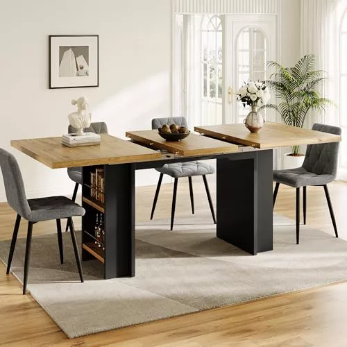 SACOOL Mesa de comedor telescópica (120 – 160 x 80 cm), mesa con estantes, mesa de cocina, mesa extensible, con ayuda de placas interiores extensibles a 120-160 cm, para cocina y salón, color madera