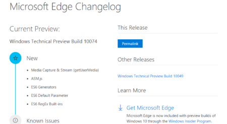 Ahora es posible consultar las novedades de cada versión de Edge desde esta página