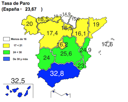 Mapa del paro EPA: Andalucía y Canarías siguen por encima del 32% de tasa de paro