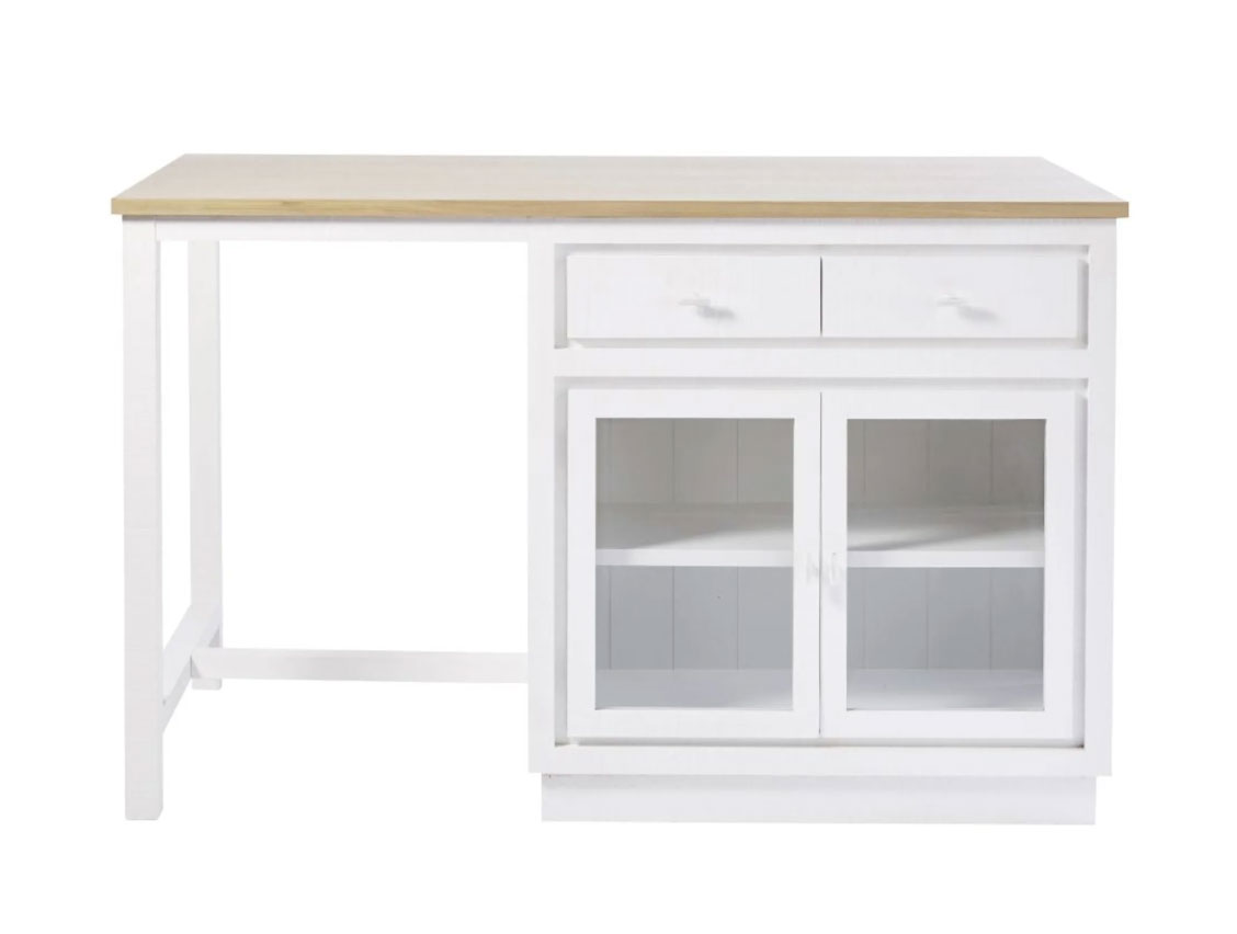 White central island with 6 drawers and 2 EMBRUN doors. The wood of this piece of furniture is FSC certified. Dimensions (cm): Height95 x Width150 x Depth80 