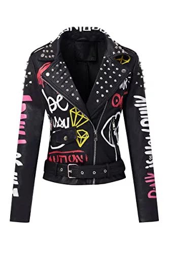 Giolshon Mujer Chaqueta de cuero sintético Remache tachonado Moto Floral Biker Abrigo de solapa corta 0480 Negro L