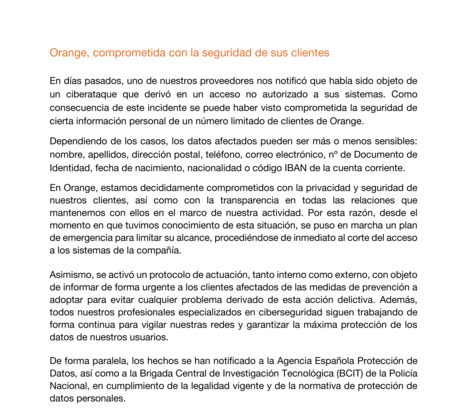 Comunicado de Orange