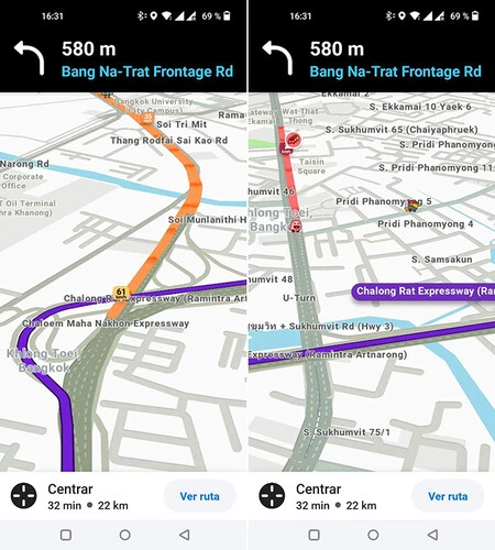 Waze は Google マップよりも多くの情報を提供します。ルートを色で表示するだけでなく、渋滞の各セクションでの車の速度も表示されます。
