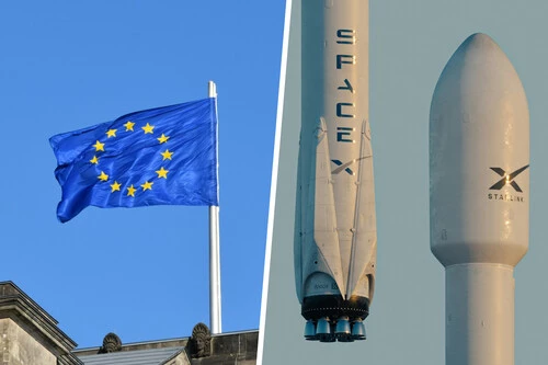 Composición con foto de la bandera de la Unión Europea y cohete de SpaceX