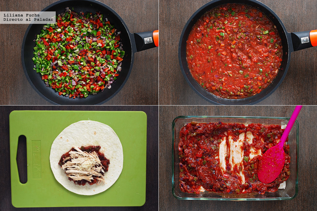 Enchiladas de pollo asado con salsa. Receta de cocina fácil, sencilla y