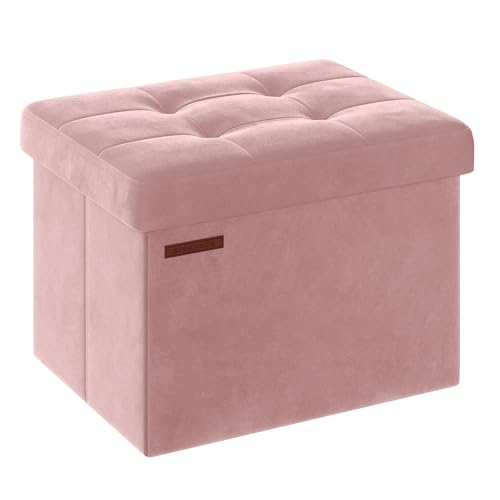 SONGMICS Puff Almacenaje, Banco de Almacenamiento de Terciopelo Plegable, Taburete Reposapiés, 31 x 41 cm, Carga de 130 kg, para Entrada, Sala de Estar, Dormitorio, Rosa Jalea LSF200R01