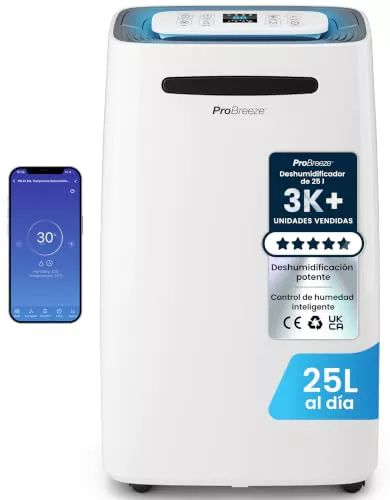 Pro Breeze deshumidificador inteligente 25L/día con Wi-Fi, pantalla digital, modo ropa, drenaje continuo y temporizador para humedad y condensación