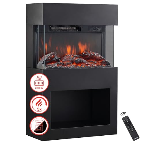 KAMINIO Eléctrica chimenea HENRI - Estufa de chimenea eléctrica con calefacción, efecto de llama 3D, compartimento para leña, control remoto (Negro)