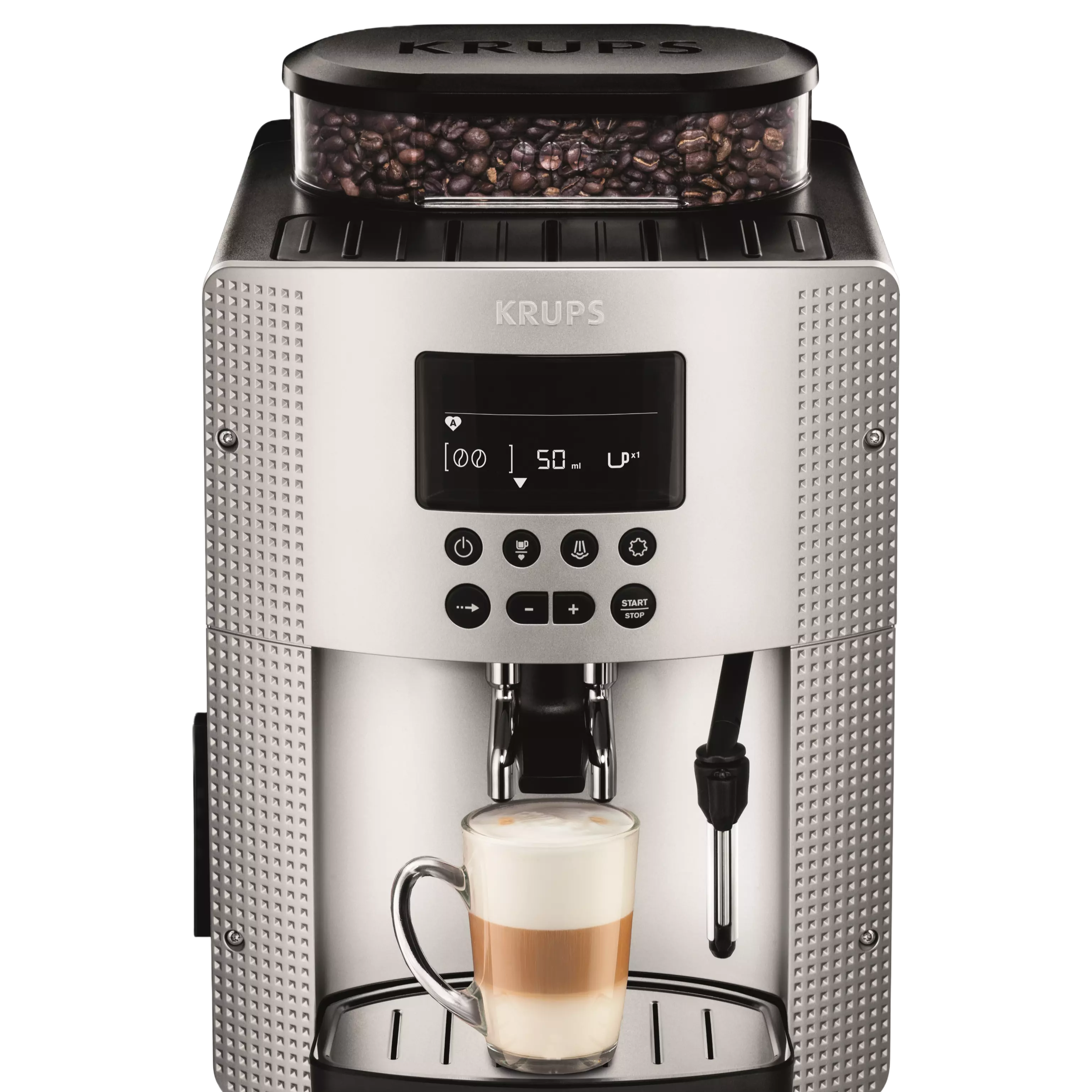Cafetera superautomática - Krups Essential EA815E70, 1450 W, 15 bar, 1.7 L, 3 temp., Sistema Thermoblock, Molinillo integrado, 2 tazas, Plateado
