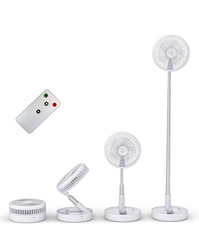 Primevolve 7.5" Ventilador Portatil con 7200mah Batería Recargable, NO-Rotación Ventilador de Pie Plegable para Oficina Viaje, ventilador Silencioso con Mando a Distancia para Dormitorio (Blanco)