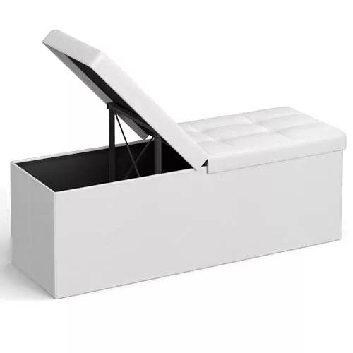 SONGMICS Puff Almancenaje, Banco Almacenaje, Banco con Tapa Plegable, Capacidad de 120 L, con Asiento Acolchado, 38 x 110 x 38 cm, Blanco LSF75WT