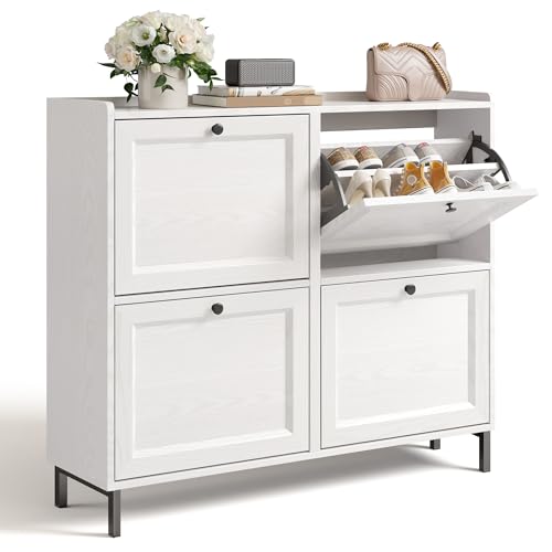 Bealife Zapatero Estrecho, Zapatero 4 Puertas para Entrada o Pasillo Abatibles y Estantes Ajustables para 16 Pares de Zapatos, 99.3x24x91 cm, Color Blanco