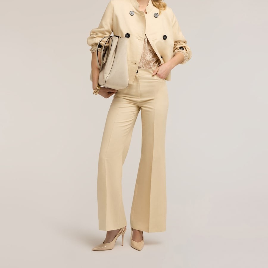 Pantalones de mujer flare de mezcla de lino cierre frontal con botón y cremallera Beige Motivi

