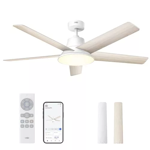 Dreo ventilador techo inteligente de 132 cm con luz LED regulable, 12 velocidades, 3 modos, temporizador de 12h, motor DC silencioso, control por control remoto/APP/Alexa, blanco para interiores