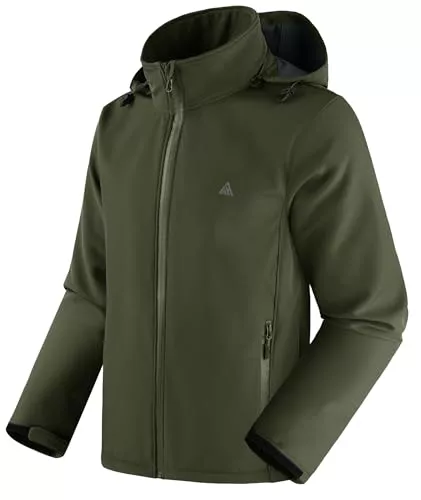 SwissWell Chaqueta Hombre Softshell de Senderismo Hombre Exteriores Multifuncional Cortaviento Impermeables Invierno Chaquetas Cálida con Capucha con Bolsillos para Marcha Acampada Verde Militar L
