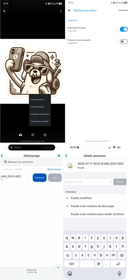 Arriba, compartir archivos desde la nube de Movistar; abajo, desde la nube de Digi