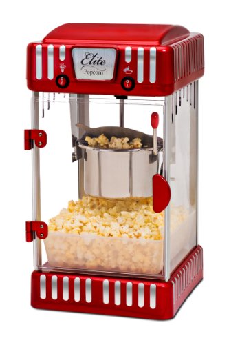 Elite Gourmet EPM-250# Classic Carnival Máquina de palomitas de maíz de sobremesa de 74 ml, estilo retro, palomitas de maíz calientes con mantequilla como de cine, rojo