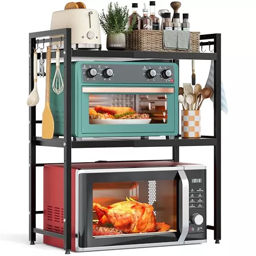 NETEL soporte microondas extensible,estanteria cocina encimera,3 Niveles | estante microondas,organizador microondas con 8 Ganchos,Estantes de altura regulable,Acero al carbono reforzado,Negro